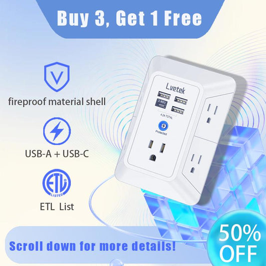 9-in-1 USB Surge Protector Wall Extender - 5 AC Outlets + 4 USB, Fire Resistant